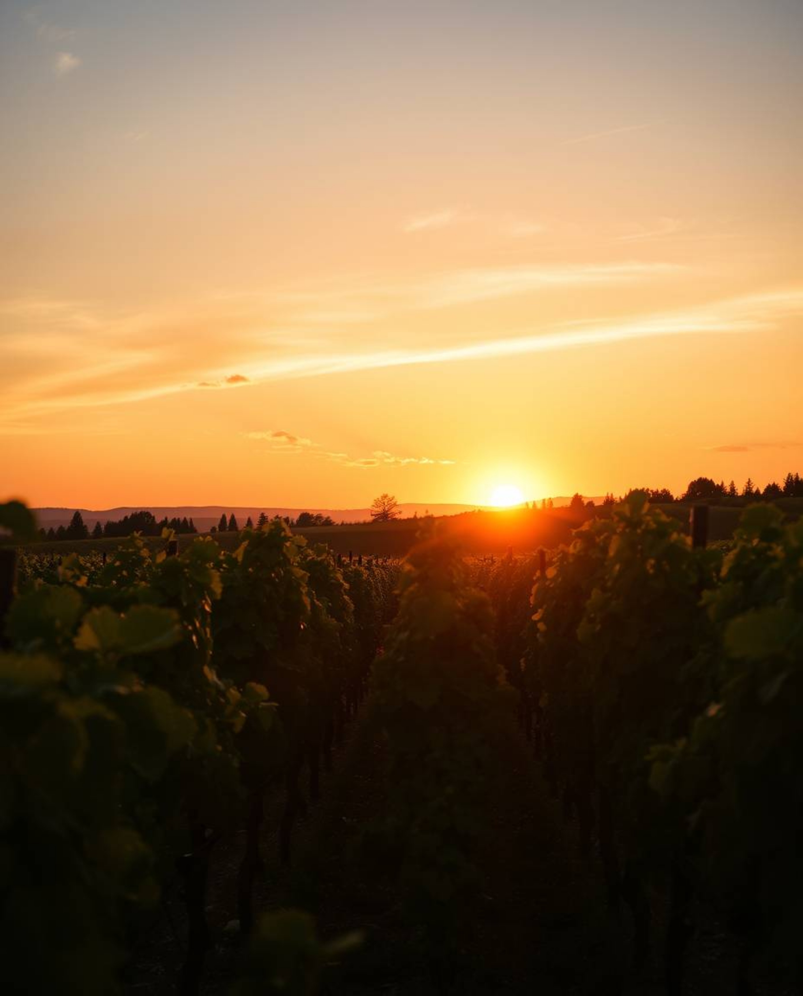 A high-contrast photograph depicts an adorable and charming sunset over a vineyard. The scene is defined by intense, dramatic