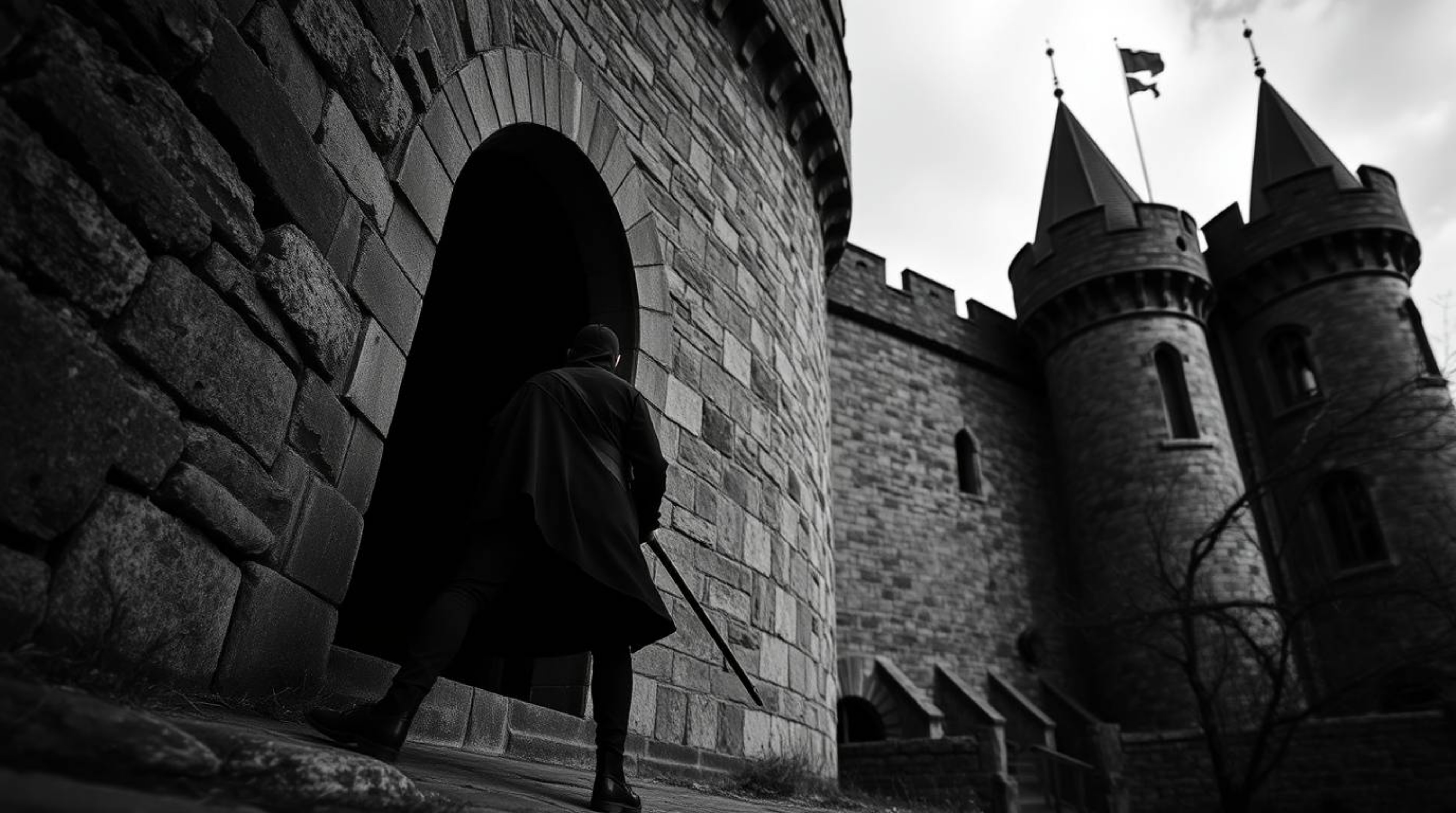 A thief's daring infiltration of a heavily guarded castle captured in classic black and white photography creates a dramatic 
