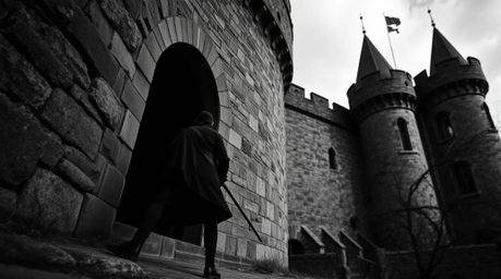 A thief's daring infiltration of a heavily guarded castle captured in classic black and white photography creates a dramatic 