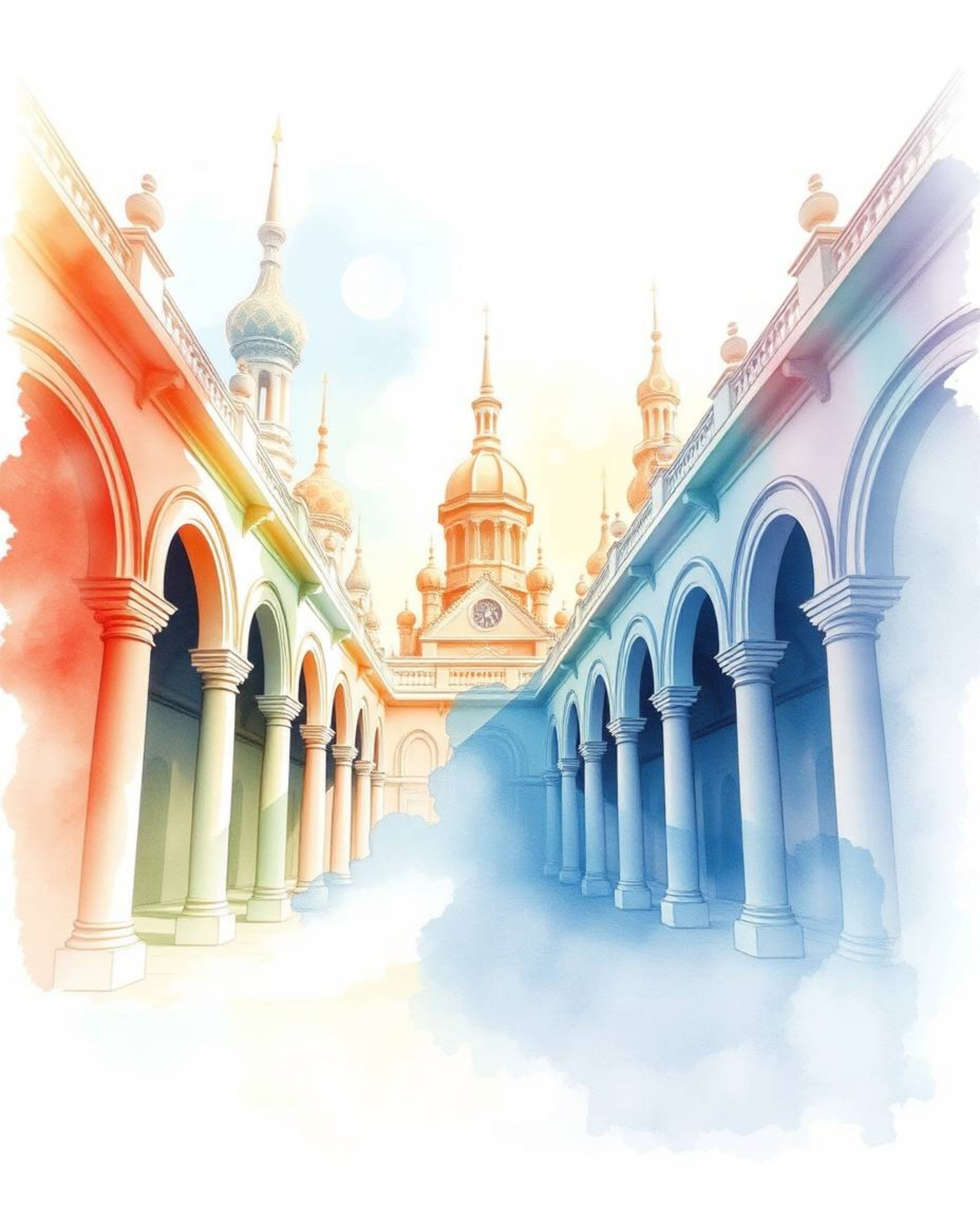Explore ethereal architectural watercolor paintings featuring soft pastel colors, light auras, and a mystical feeling, render