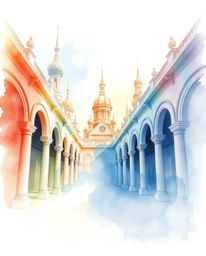 Explore ethereal architectural watercolor paintings featuring soft pastel colors, light auras, and a mystical feeling, render