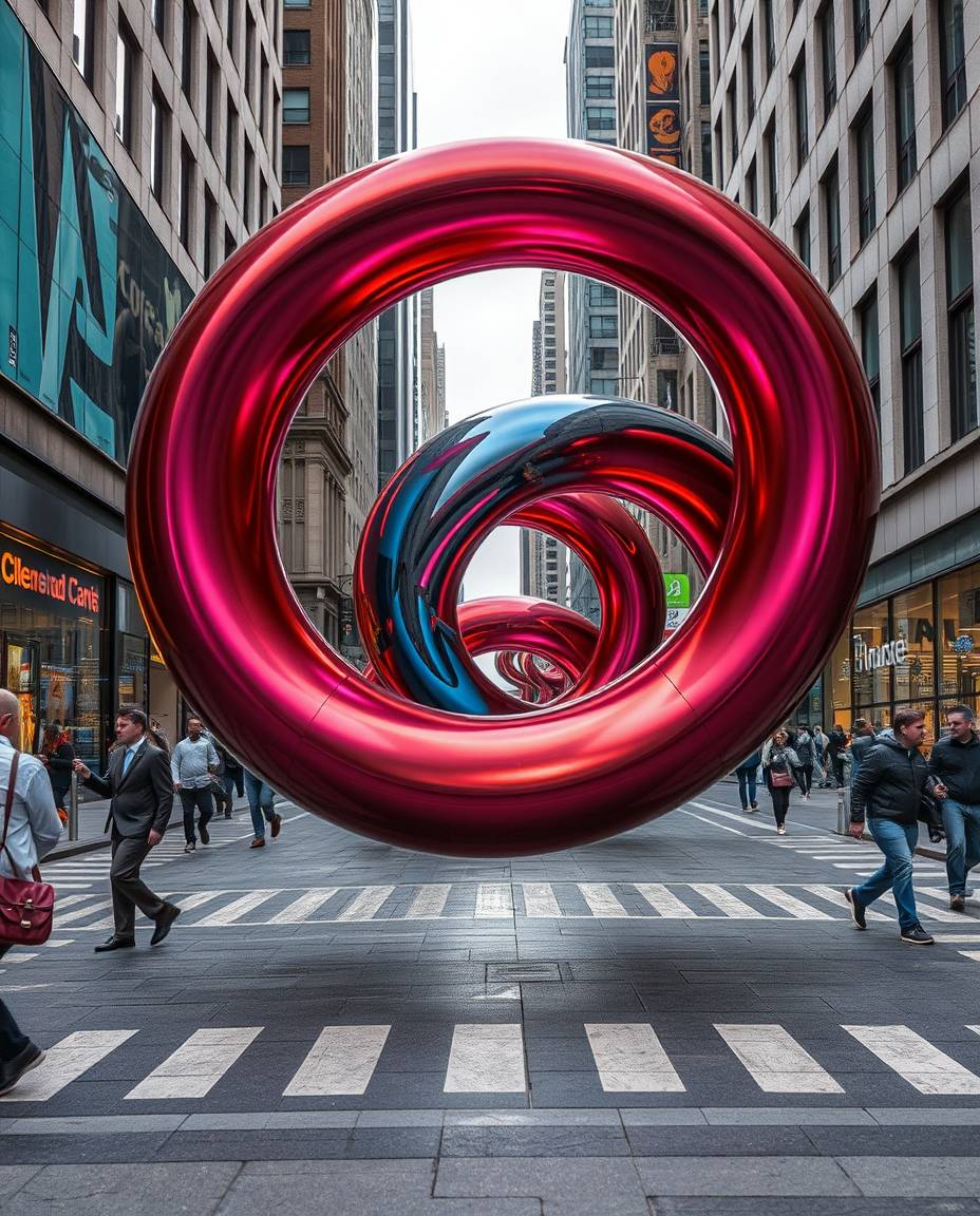 Explore the captivating world of candid street photography featuring cool-colored, smooth 3D metallic shapes suspended in zer
