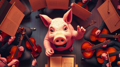 Overhead bird’s-eye view of a pig character enthusiastically conducting an orchestra, presented from a top-down perspective w