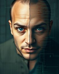 This image showcases a captivating digital glitch transforming a human face into a data stream, viewed from an overhead bird'