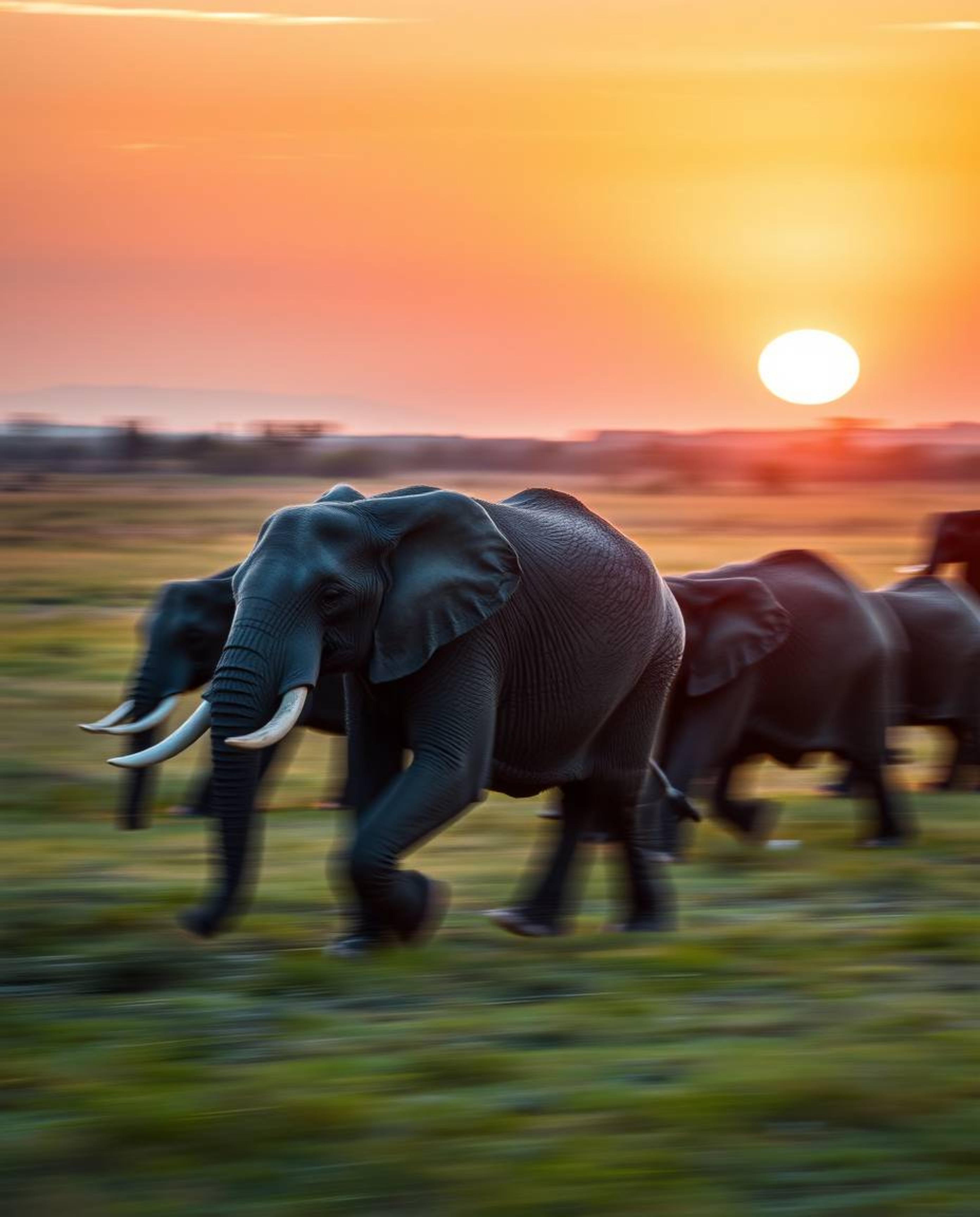 This is a long exposure photograph of elephants walking across a field at sunset, rendered in a photorealistic style. The ima