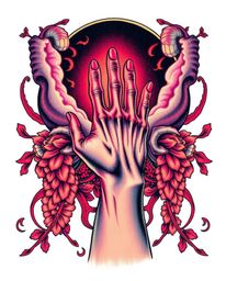 This surreal infrared toned tattoo art print features a hand reaching towards the light from darkness, creating an otherworld