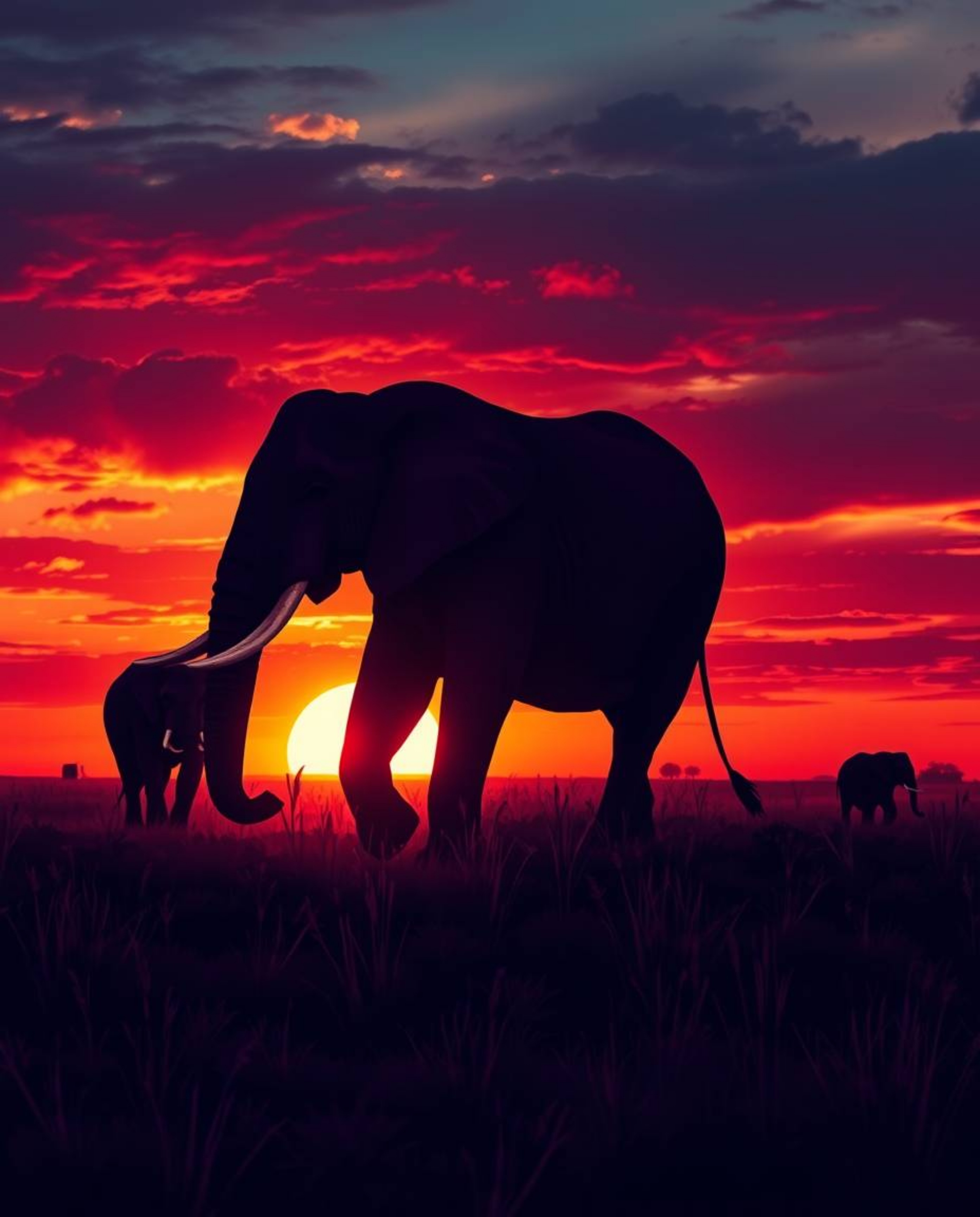 A sophisticated and elegant image of elephants walking across a sunset field, using rich burgundy and deep blue colors to cre