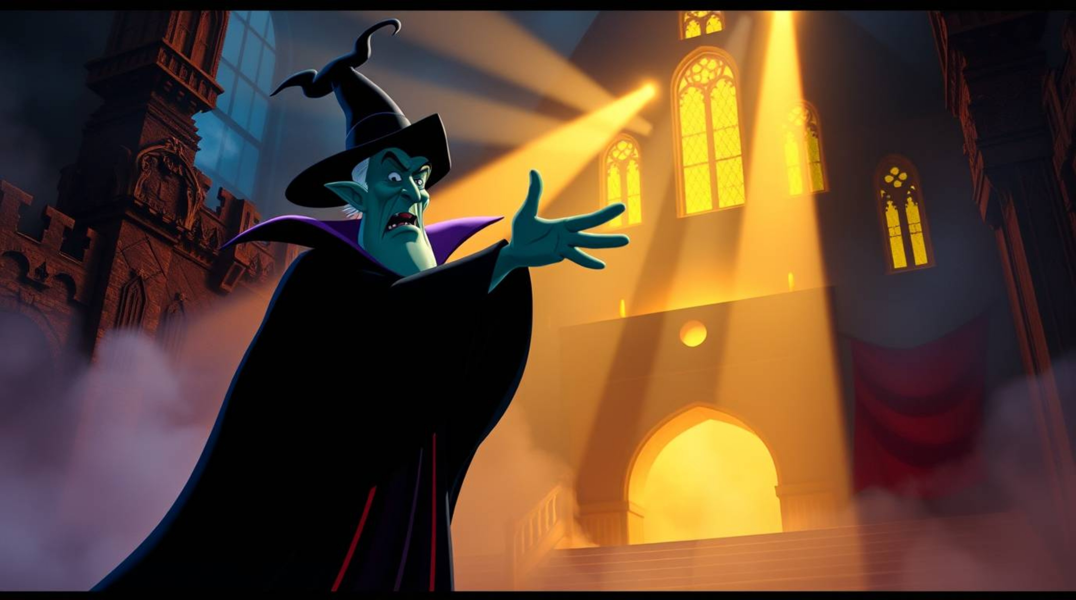 A classic Disney villain conjures a spell within the aged walls of a castle, brought to life by breathtaking volumetric light