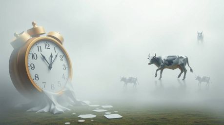 Explore a surreal dreamscape filled with melting clocks and floating cows, rendered in an intricate origami style with a fold