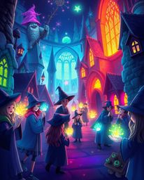 This vibrant illustration depicts a magical school brimming with young wizards, brought to life with glowing bioluminescent c