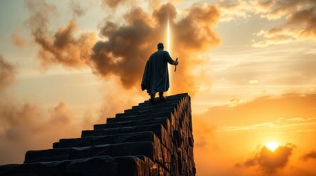 A captivating bronze sculpture depicts a lone figure ascending a stone staircase towards a radiant beam of divine light. Surr