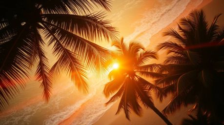 Experience the radiant luxury of a tropical beach sunset. This breathtaking overhead shot captures swaying palm trees bathed 