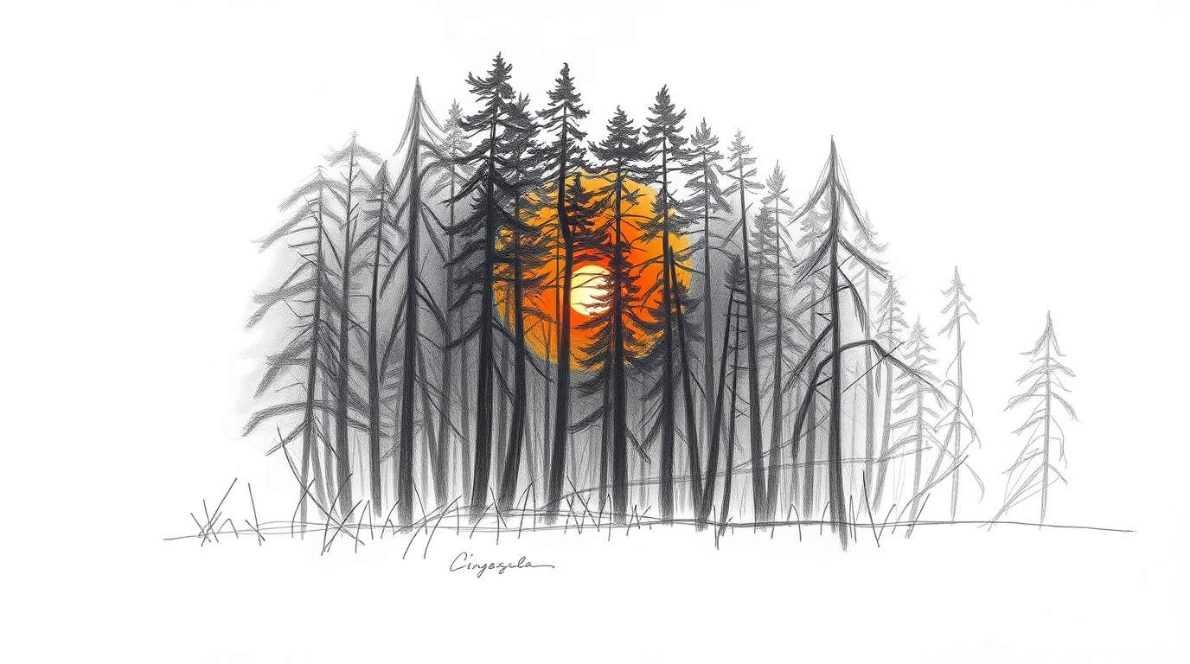 A captivating hand-drawn sketch depicting a dramatic cinematic sunset scene within a dense forest.  The artwork features film