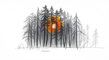 A captivating hand-drawn sketch depicting a dramatic cinematic sunset scene within a dense forest.  The artwork features film