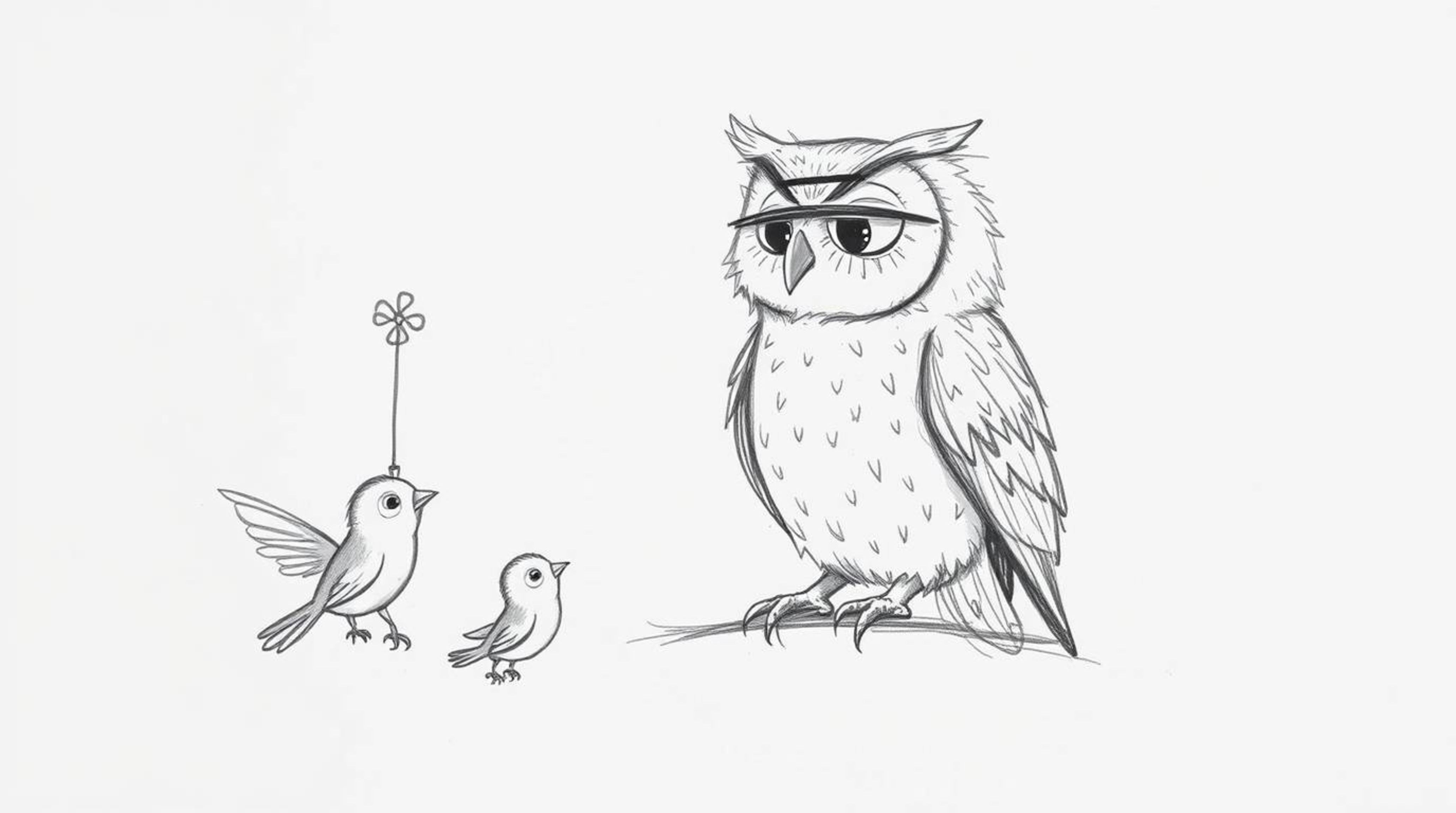 A whimsical, hand-drawn sketch in the style of Pixar depicts a blind owl, rendered with soft, feathery textures, guiding smal