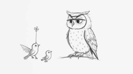A whimsical, hand-drawn sketch in the style of Pixar depicts a blind owl, rendered with soft, feathery textures, guiding smal