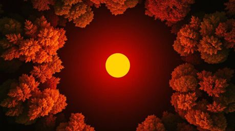 A captivating image showcasing a geometric logo design inspired by an autumn forest sunset.  Golden leaves and warm golden gl