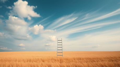 A minimalist scene featuring a silver ladder in an open field under a wide, cloudy sky serves as an abstract metaphor for opp