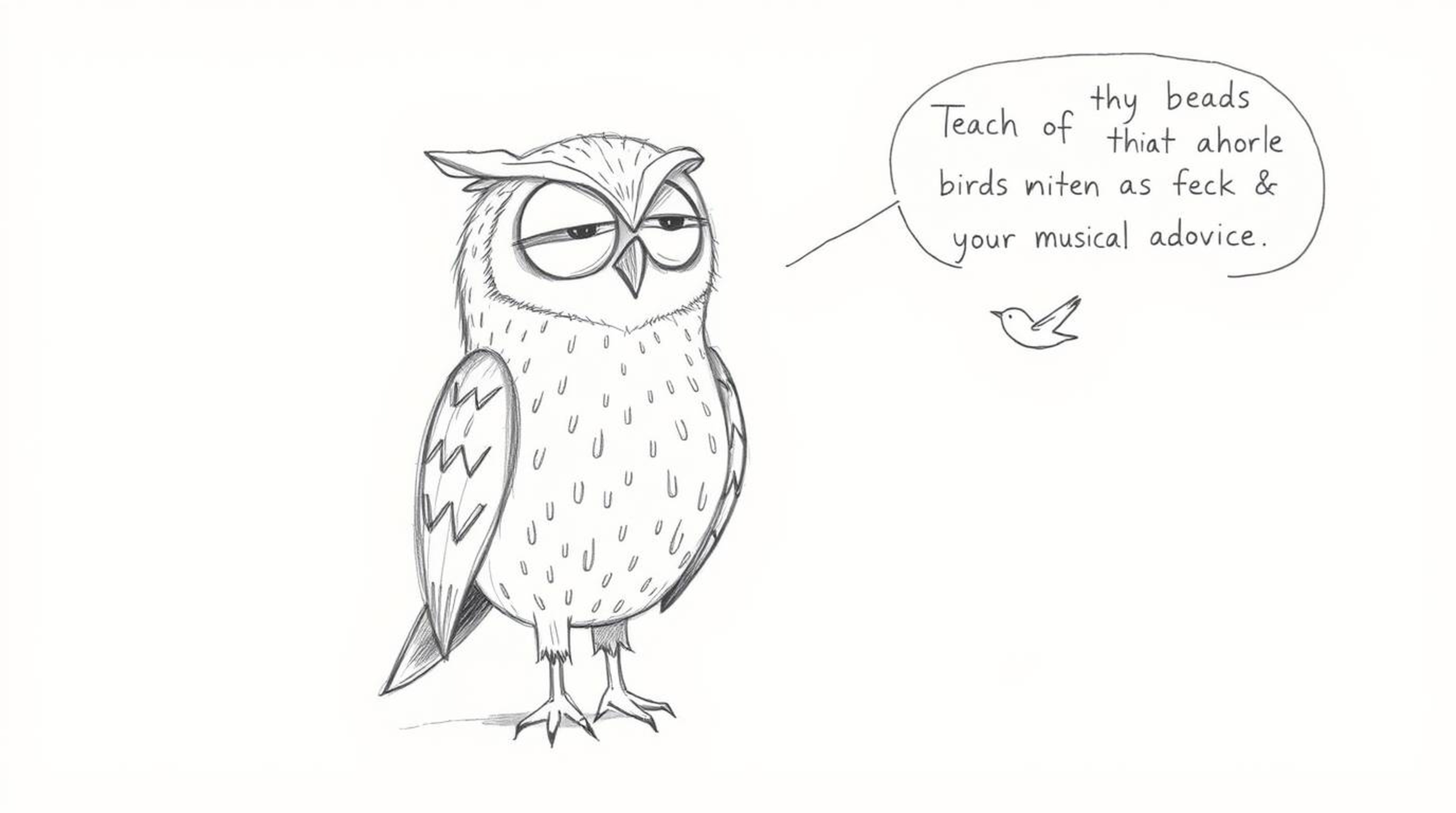 A charming hand-drawn sketch in the style of Pixar depicts a visually impaired owl, its form rendered with textured pencil st