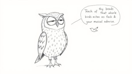 A charming hand-drawn sketch in the style of Pixar depicts a visually impaired owl, its form rendered with textured pencil st