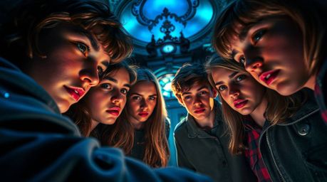 A captivating high-angle shot reveals a group of teenagers engrossed in solving a mystery within a haunted mansion.  Their fa