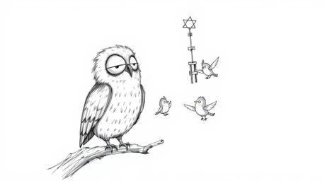 A heartwarming, hand-drawn sketch in the style of Pixar depicts a blind owl with soft, feathery texture guiding small birds t