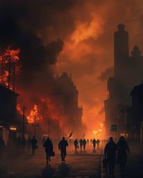 A moody and evocative scene depicting a city consumed by flames, rendered in a soft, dreamy atmosphere with hazy, low contras