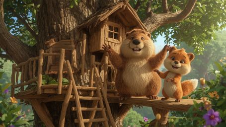 A vibrant, high-resolution stock photo, in a whimsical, Pixar-inspired style, of a happy beaver with golden-brown fur buildin