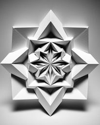 This striking black and white image features an intricate origami-style geometric pattern, creating a captivating optical ill