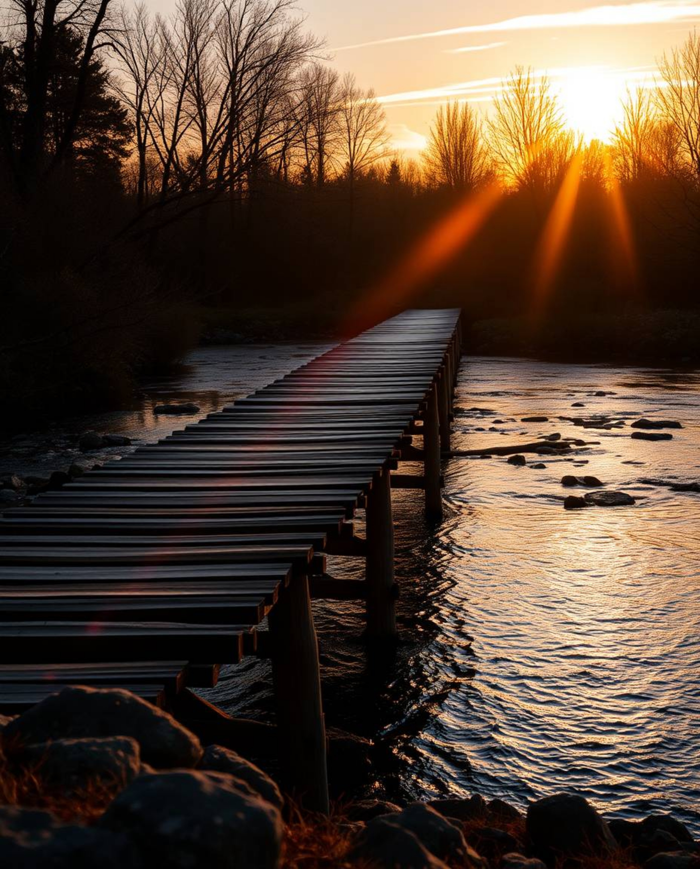 This is a professional photograph capturing an old wooden bridge over a river at sunset in a dramatic cinematic style. The im