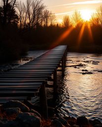 This is a professional photograph capturing an old wooden bridge over a river at sunset in a dramatic cinematic style. The im