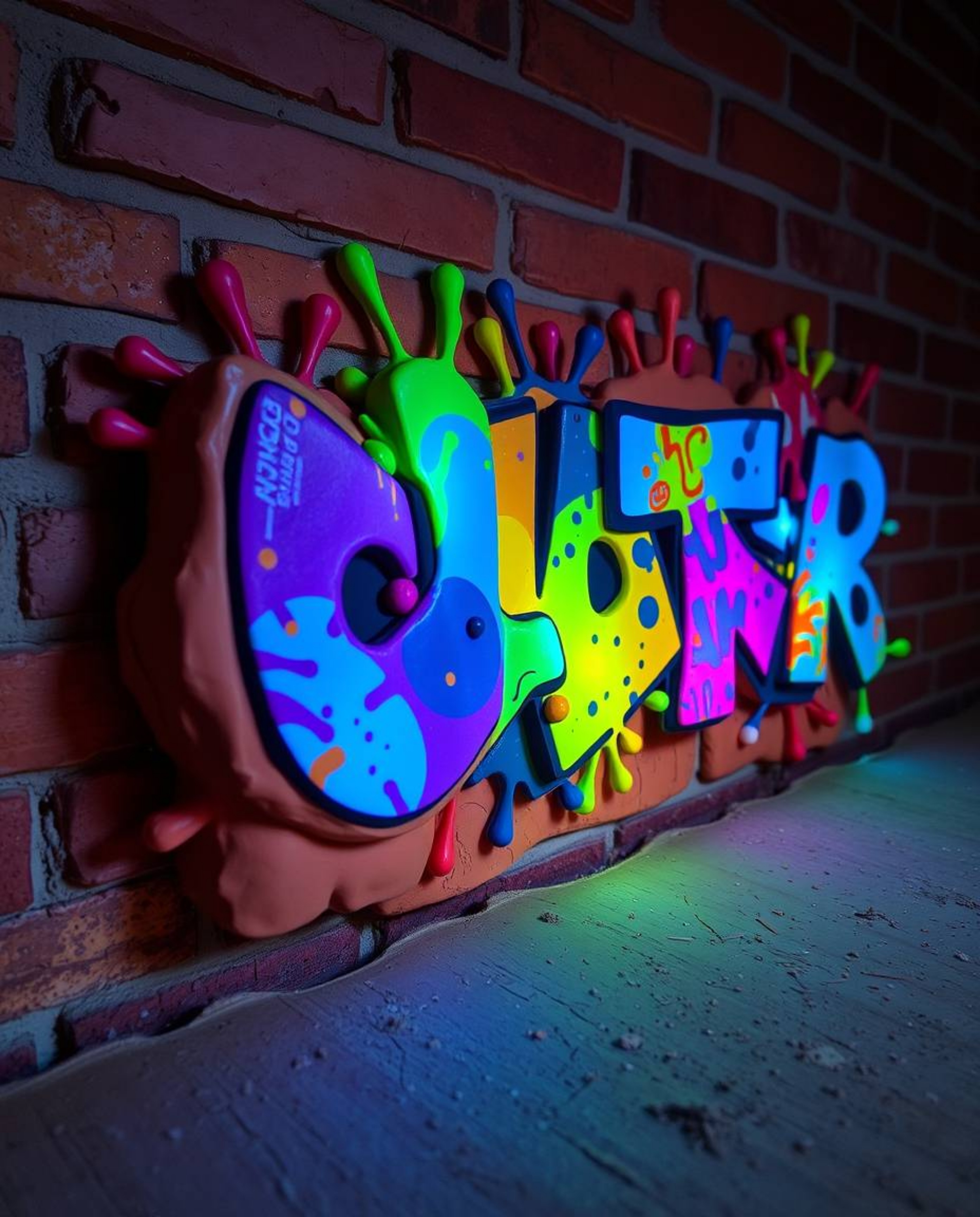 Explore a captivating blend of sculptural clay art and vibrant graffiti, featuring colorful splashes on a brick wall for a st