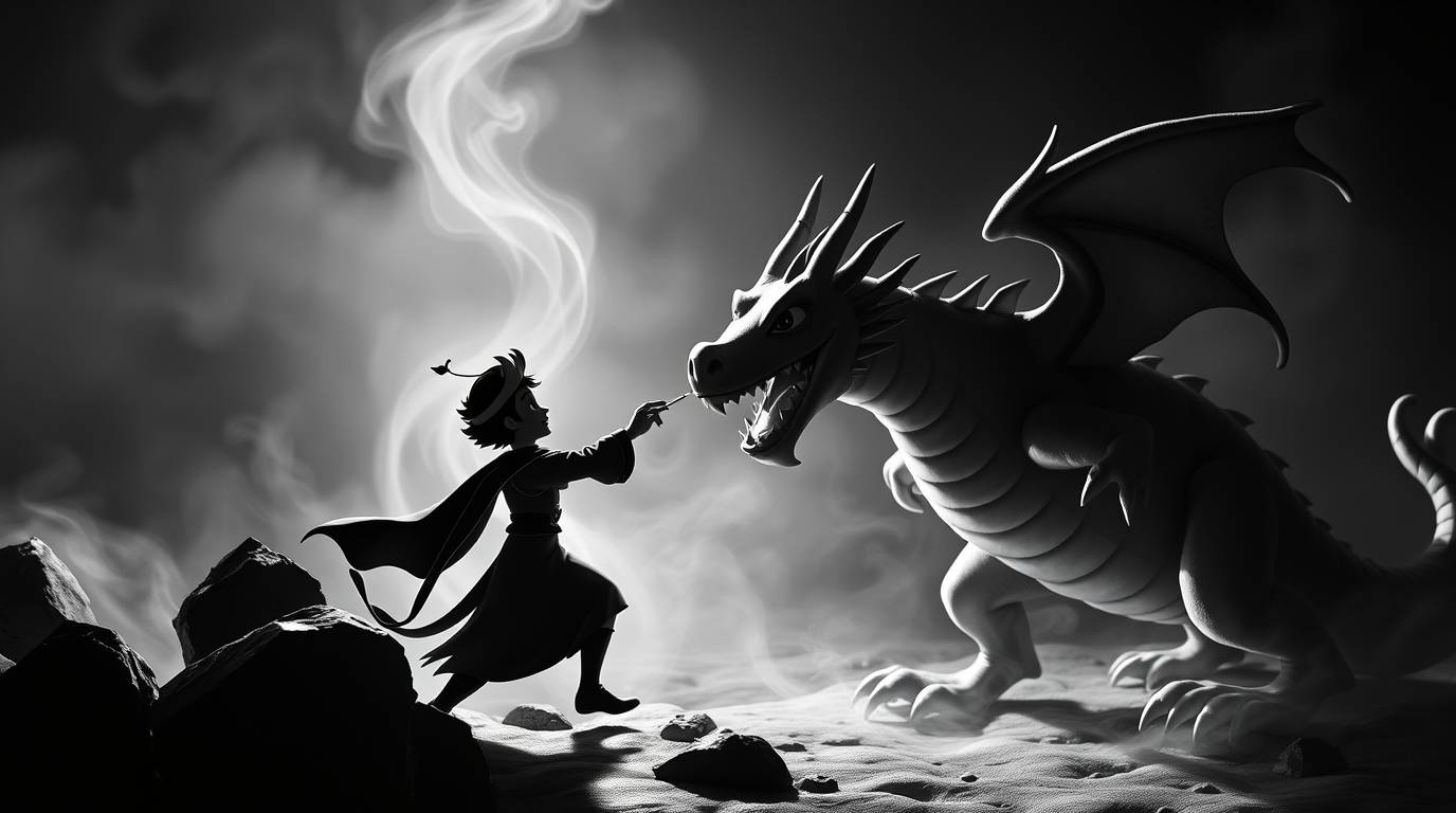 A timeless and elegant black and white photograph depicts a charming prince battling a dragon, rendered in a captivating 1950