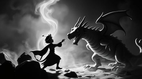 A timeless and elegant black and white photograph depicts a charming prince battling a dragon, rendered in a captivating 1950