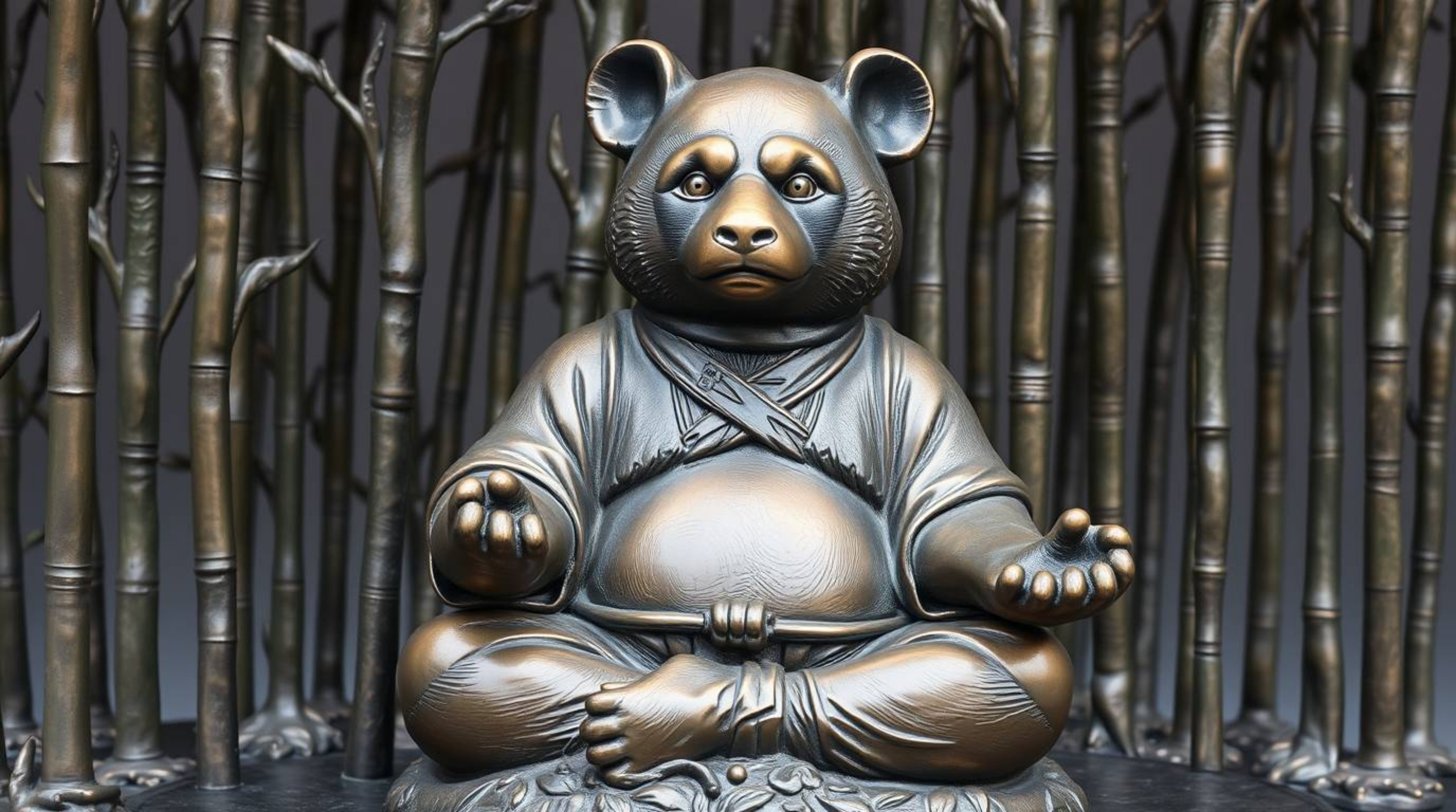 This cast bronze sculpture depicts a martial artist panda in serene meditation within a lush bamboo forest. The sculpture fea