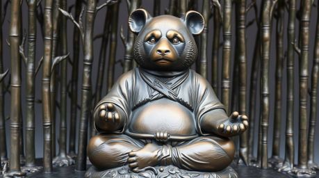 This cast bronze sculpture depicts a martial artist panda in serene meditation within a lush bamboo forest. The sculpture fea