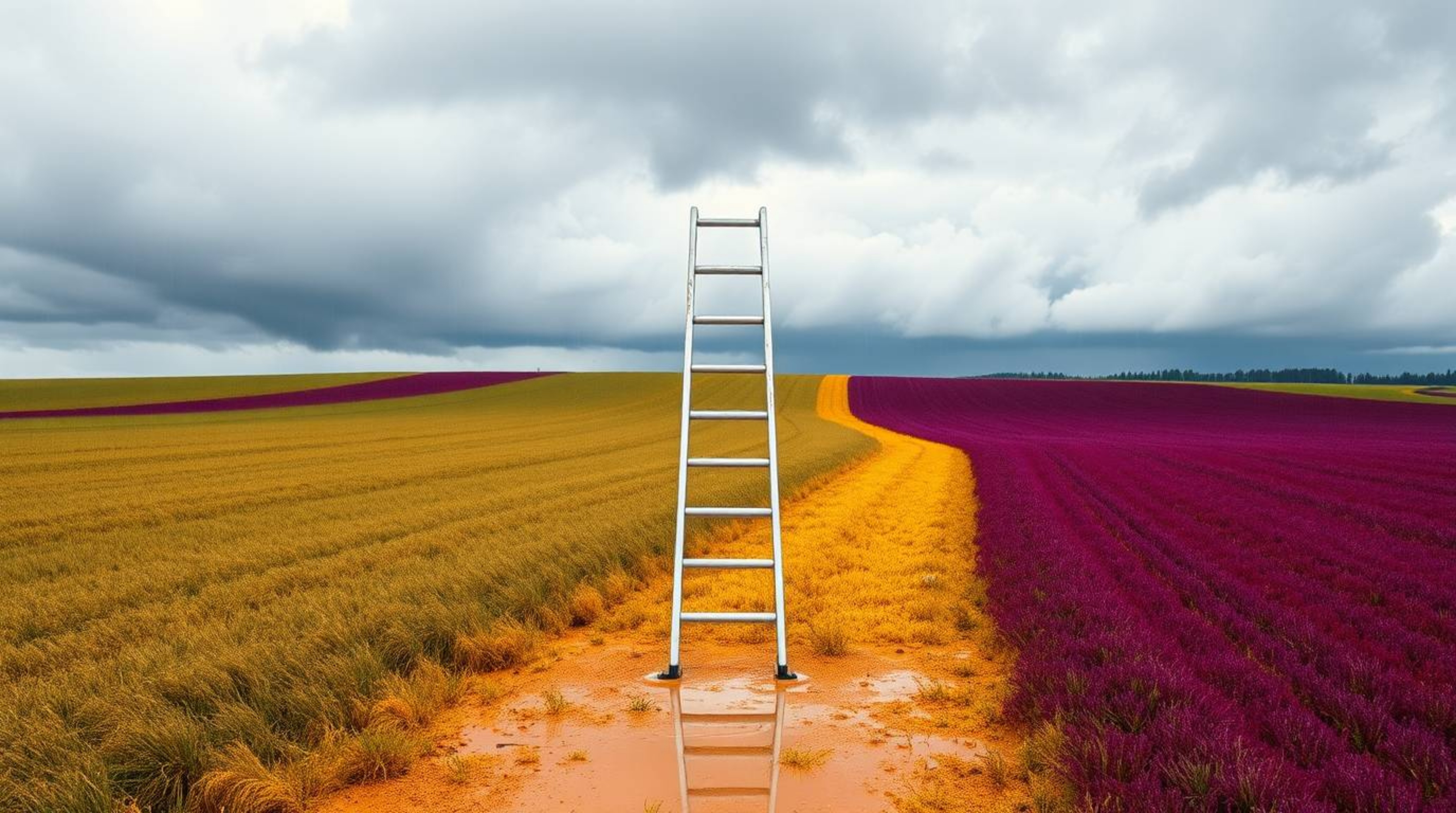 A captivating minimalist photograph depicts a silver ladder standing in a vast, open field under a dramatic cloudy sky.  The 