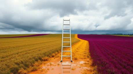 A captivating minimalist photograph depicts a silver ladder standing in a vast, open field under a dramatic cloudy sky.  The 