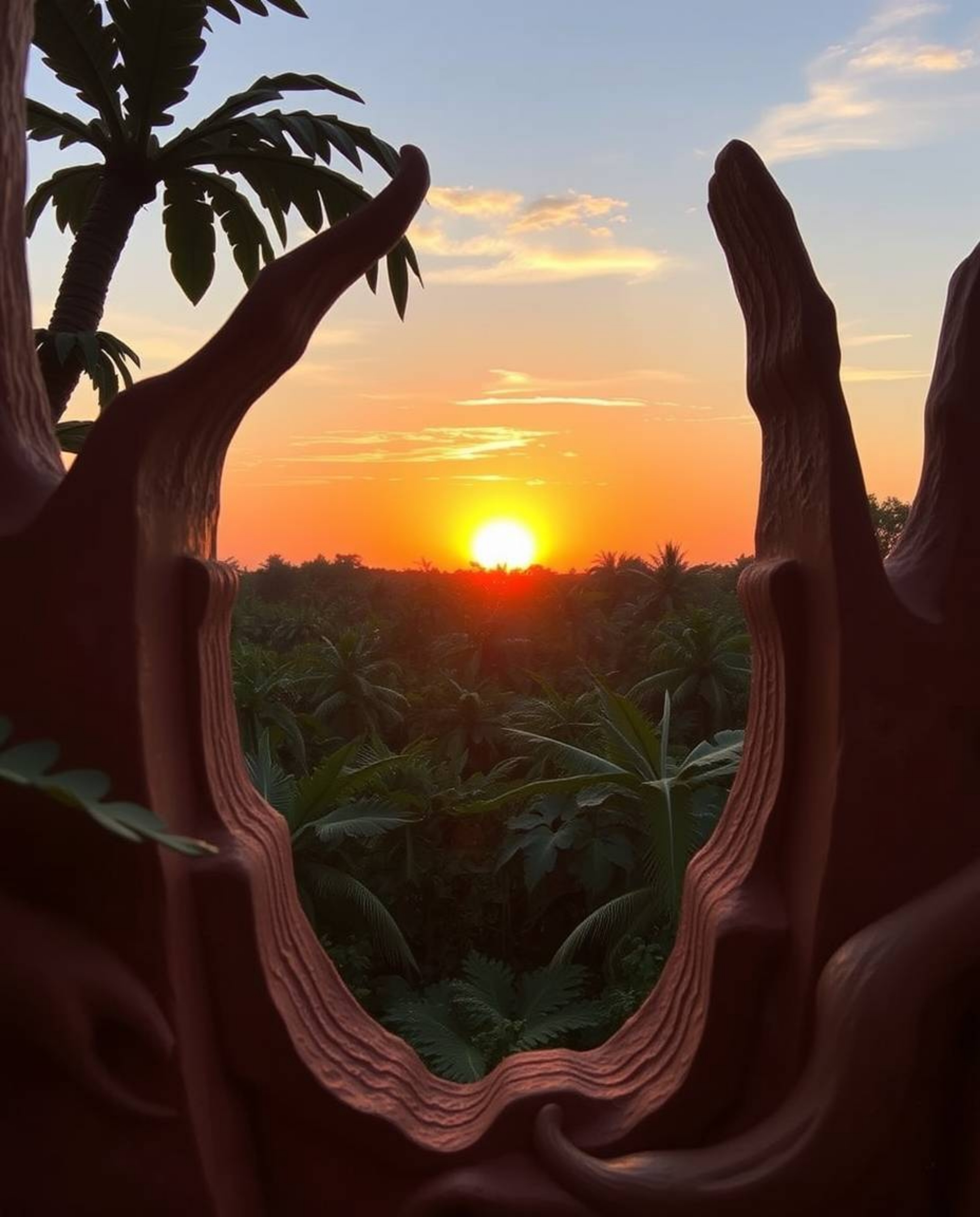 A sunset through a dense jungle canopy is artistically depicted using sculptural clay art. The piece is characterized by dist
