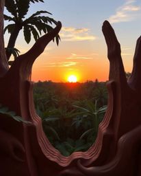 A sunset through a dense jungle canopy is artistically depicted using sculptural clay art. The piece is characterized by dist