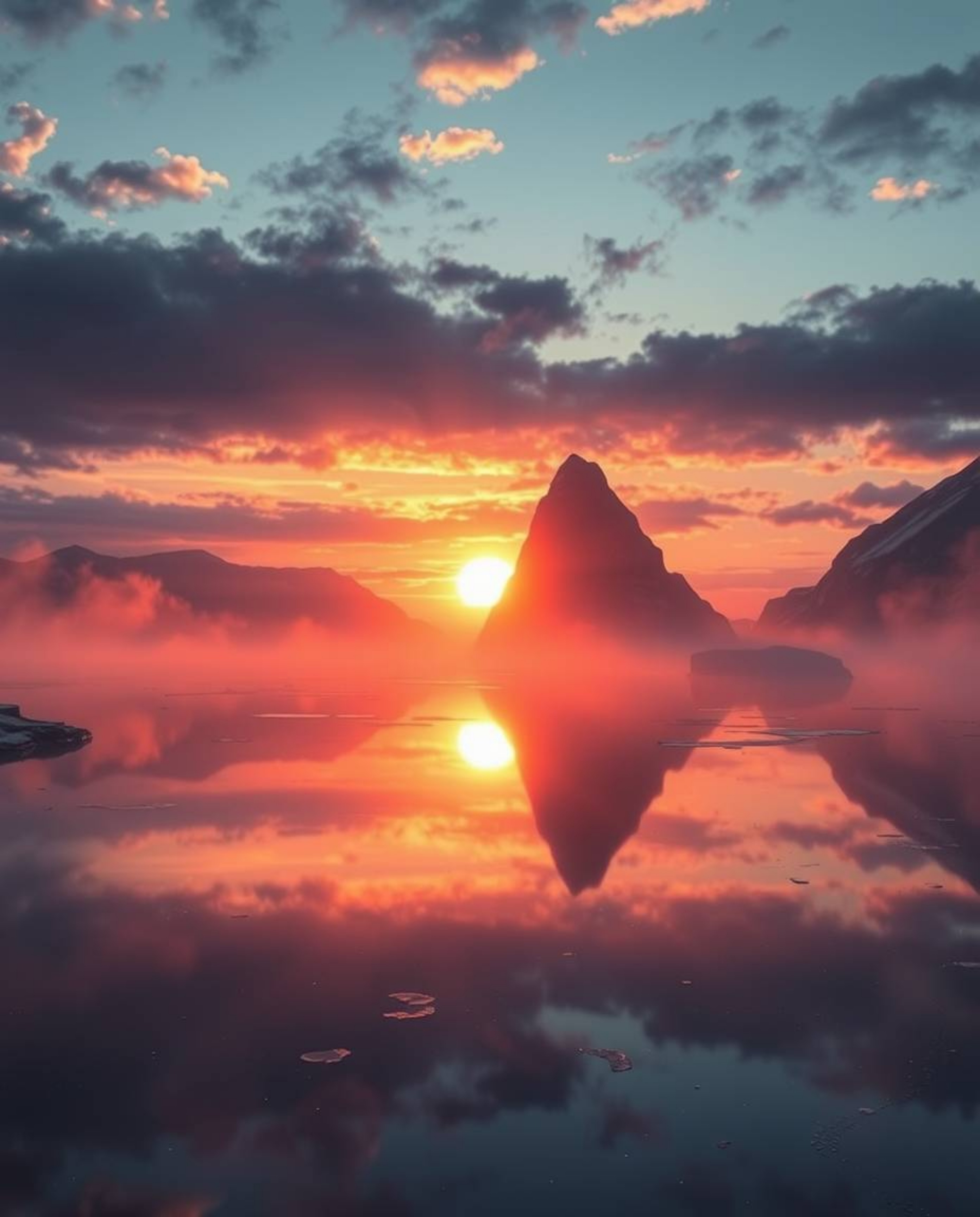 A modern, futuristic digital painting depicts a grand epic scene of a sunset reflected in a glassy fjord. The artwork is char