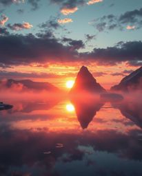 A modern, futuristic digital painting depicts a grand epic scene of a sunset reflected in a glassy fjord. The artwork is char