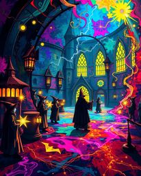 Immerse yourself in a vibrant digital artwork depicting a magical school brimming with young wizards.  The abstract patterns 