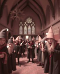 This image showcases a magical school brimming with young wizards, rendered with a captivating blurred bokeh effect and surre