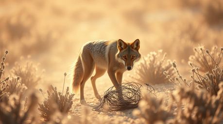 Experience a soft, dreamy atmosphere in the desert as a coyote, bathed in iridescent and hazy light, cleverly sets a trap amo