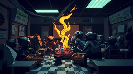 A chillingly detailed origami illustration depicts a chaotic food fight in a cartoon cafeteria.  Folded paper aesthetics, geo