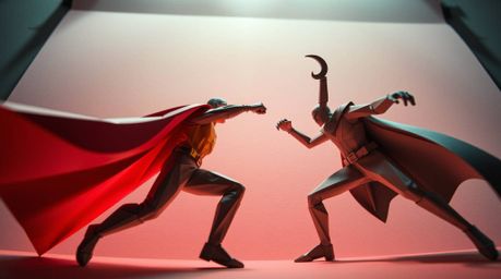 Witness a unique battle scene from a low angle perspective, featuring a superhero with a cape engaging in combat with a silly