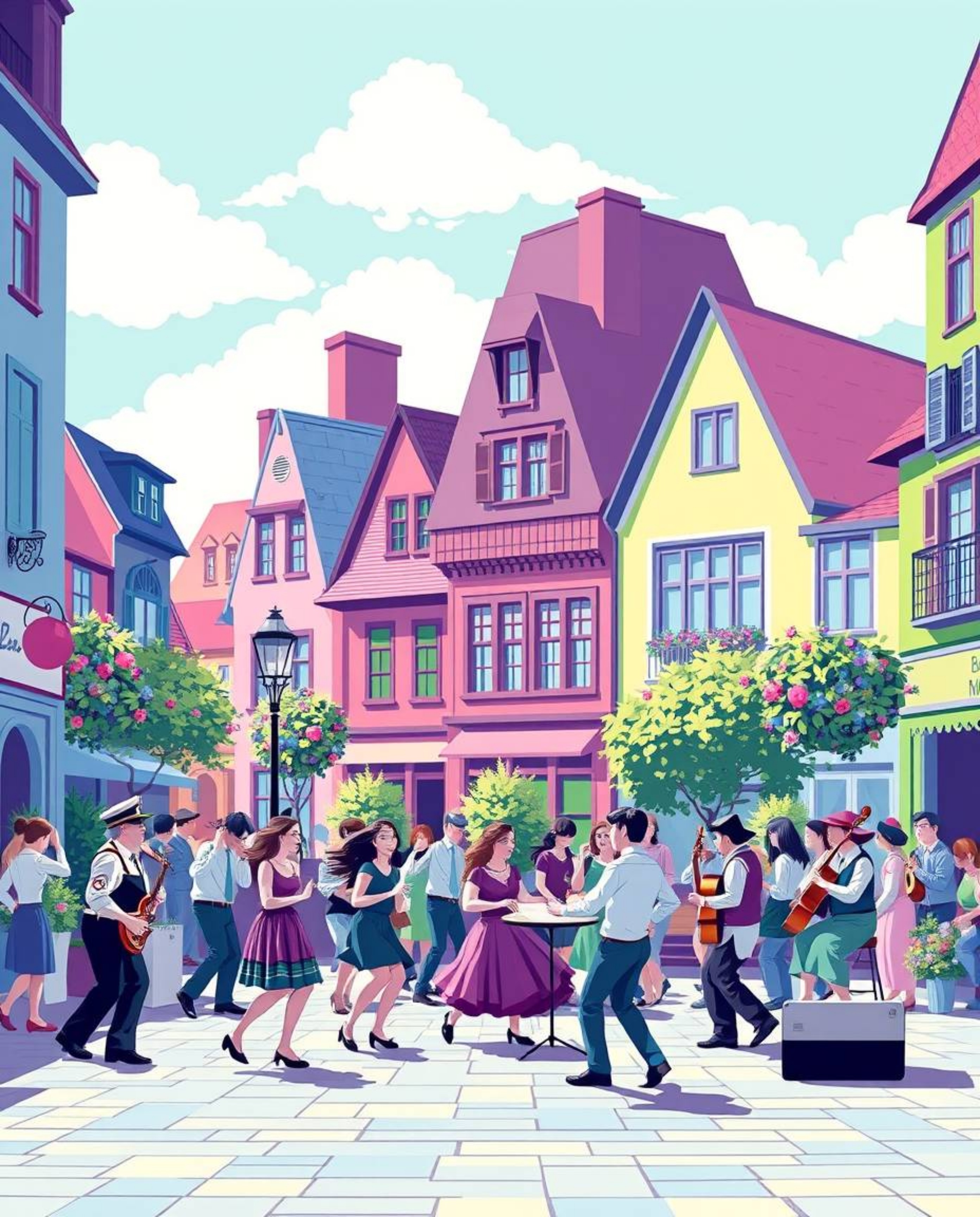 A vibrant musical performance unfolds in a bright town square, captured in a stunning cool color palette dominated by blues, 
