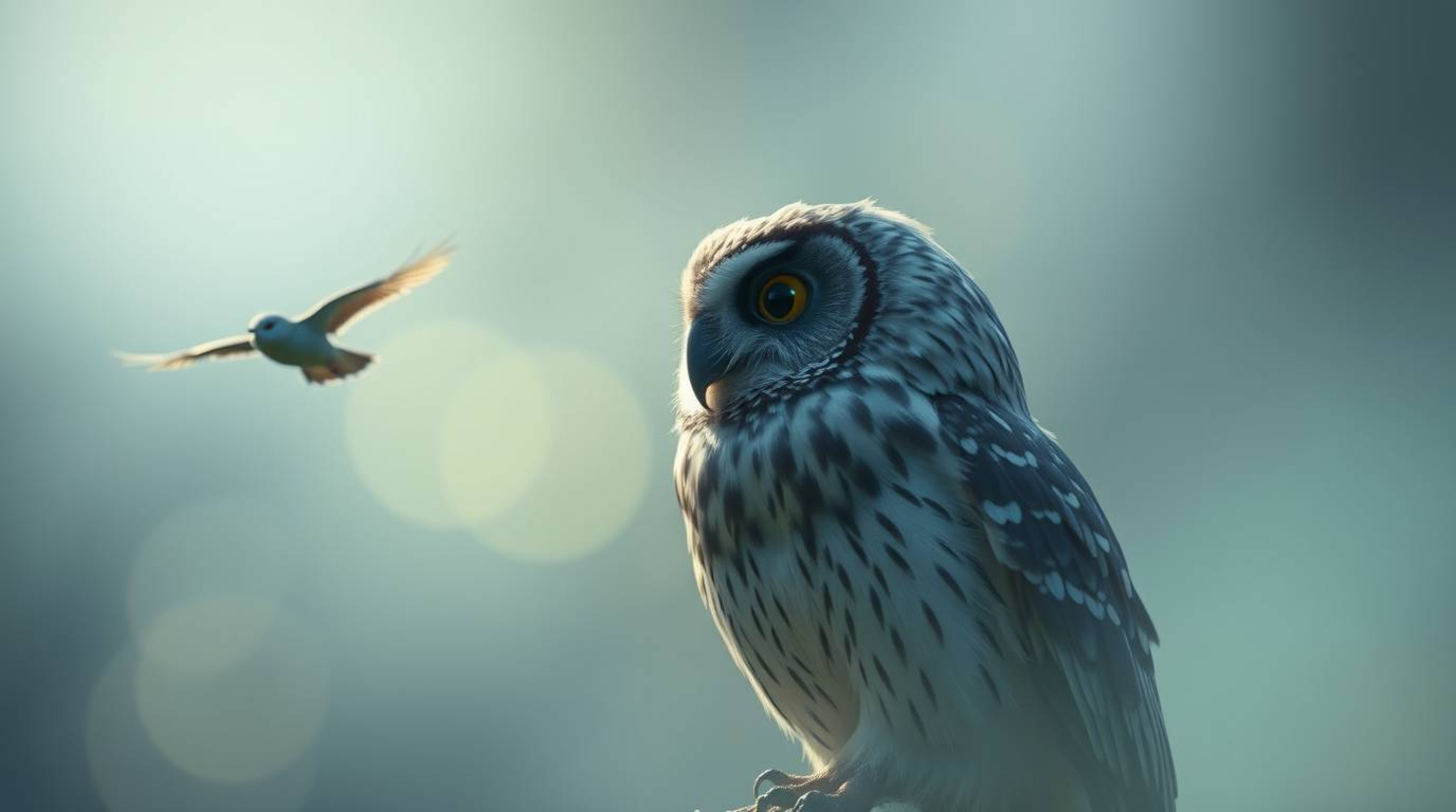 An ethereal and spiritual long-exposure shot, enhanced by a soft cinematic haze, captures a wise, blind owl stylized like a P