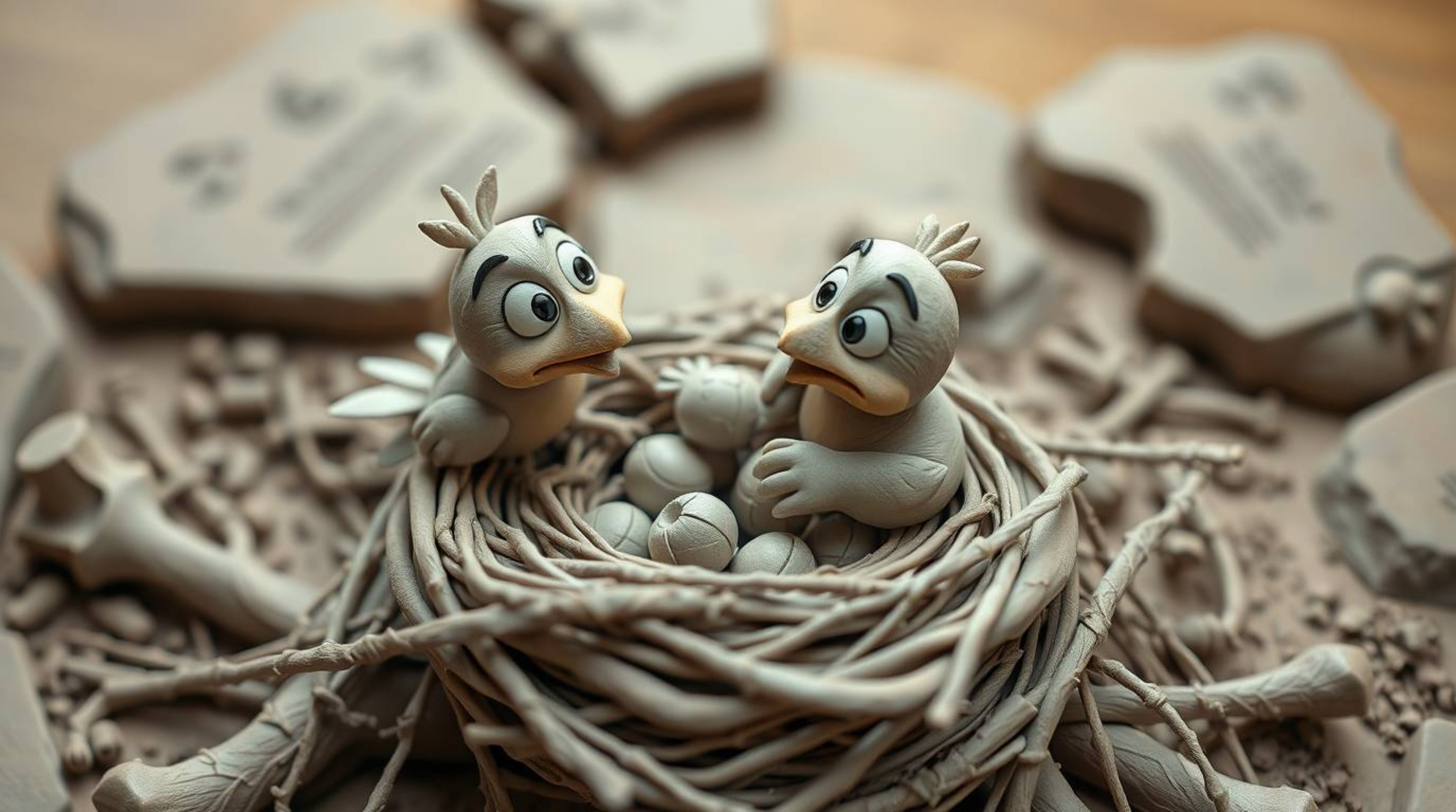 This captivating image showcases a high-angle view of a sculptural clay art piece.  Two charming cartoon birds are depicted i
